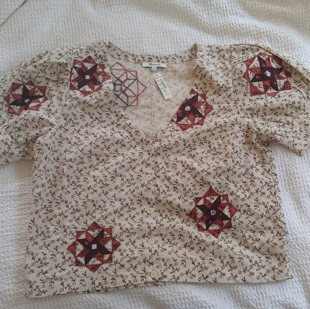 Made well Quilted Patchwork Puff-Sleeve Top